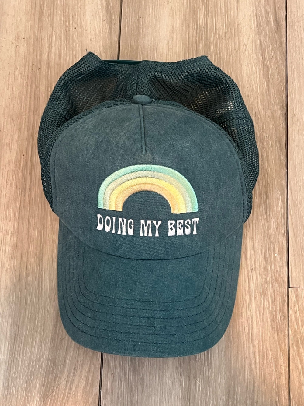 Mighty Fine Doing My Best Trucker Hat SnapBack Blue Teal Rainbow Womens one size
